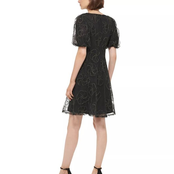 DKNY Women's Floral-Embellished Puff-Sleeve Dress Black/Gold Size 16 - Picture 3 of 10